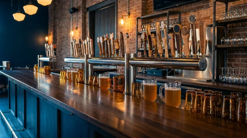Tap handles and amber glassware on a polished bar in a brick taproom, Maryland Liquor License