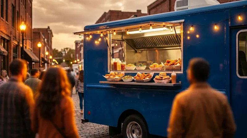 Blue food truck with a lit serving window on an evening street, How to Start a Food Truck in Baltimore City