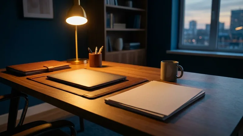 Business formation folders and a closed laptop on a lamp-lit desk, Maryland Trader's License