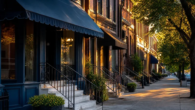 A Baltimore neighborhood commercial street: brick rowhouse storefronts with white marble steps and awnings, Baltimore County Business License