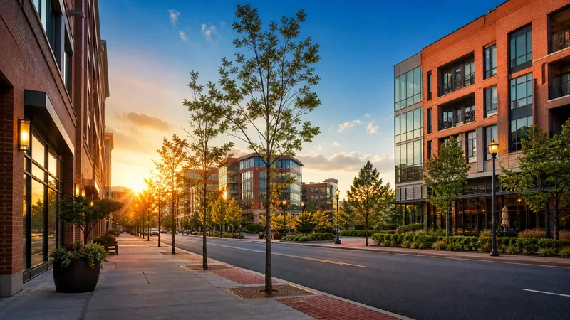 A Washington-suburb town-center street in Maryland: low brick-and-glass mixed-use buildings, Montgomery County Business License