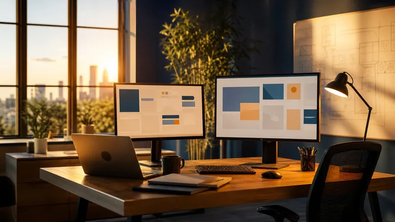 Bright small-office workspace with two monitors showing abstract blank dashboards, How to Start a Government Contracting or Cybersecurity Business in Maryland